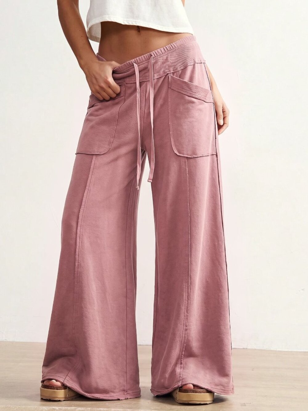 Pink Casual Women's Loose Low Waist Wide Leg Long Pants - Picture 8 of 8
